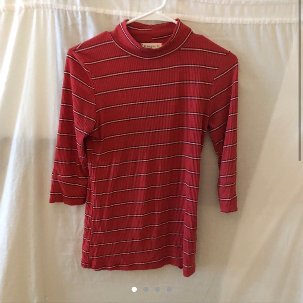 Red Mock turtle neck w/ white stripes